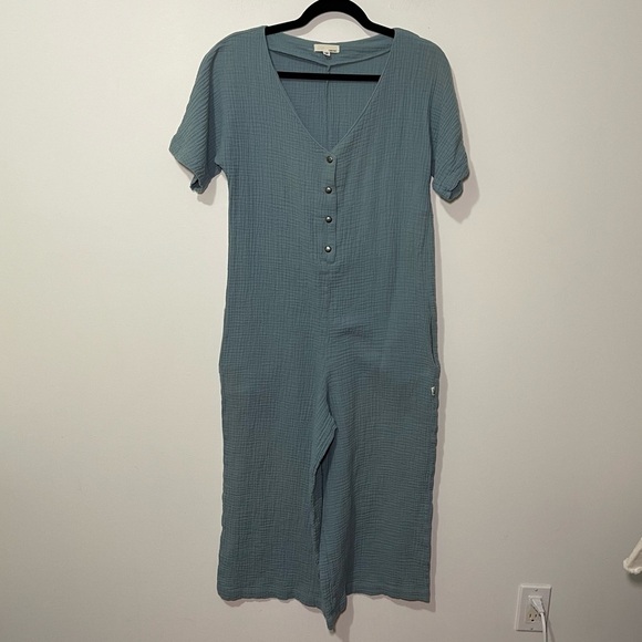 Greige Pants - Greige Women's steel blue  casual gauzy short sleeve flare leg jumpsuit in M